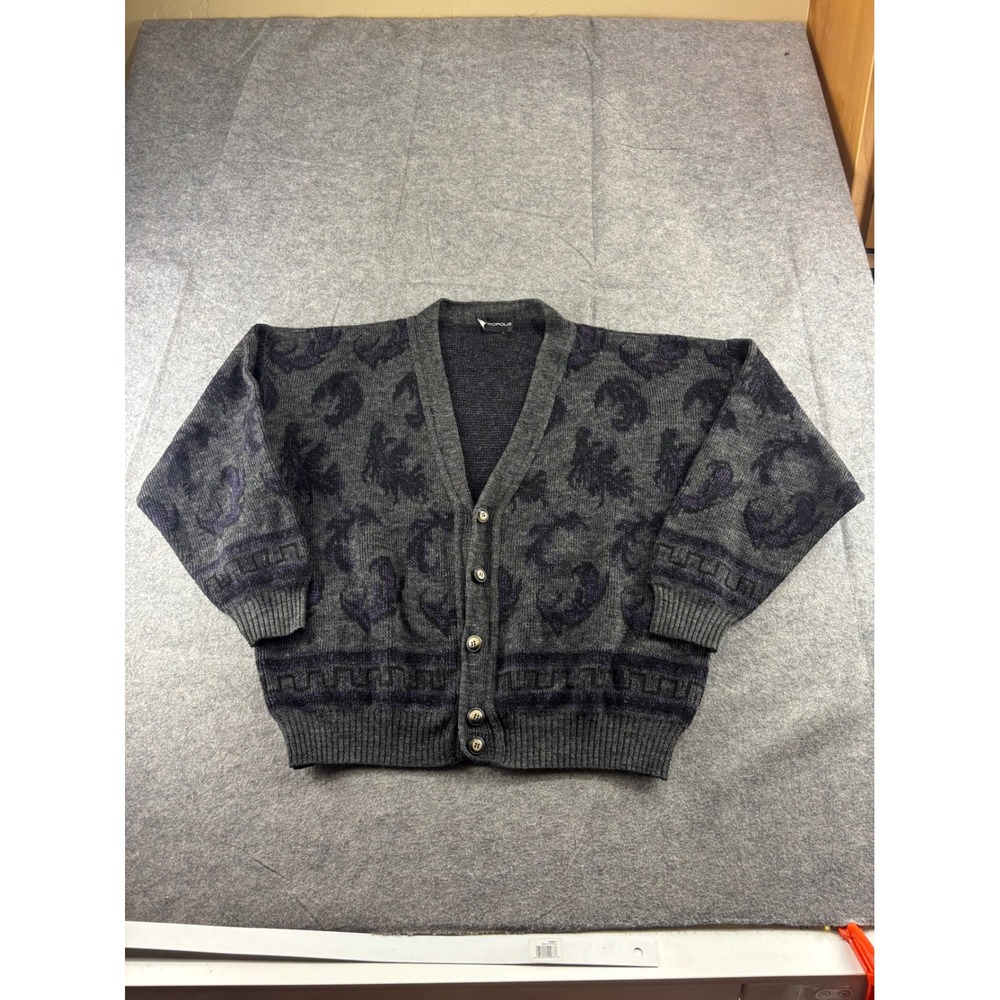 VTG Metropolis Cardigan Sweater Mens Grey Purple Abstract Intarsia Knit L/XL